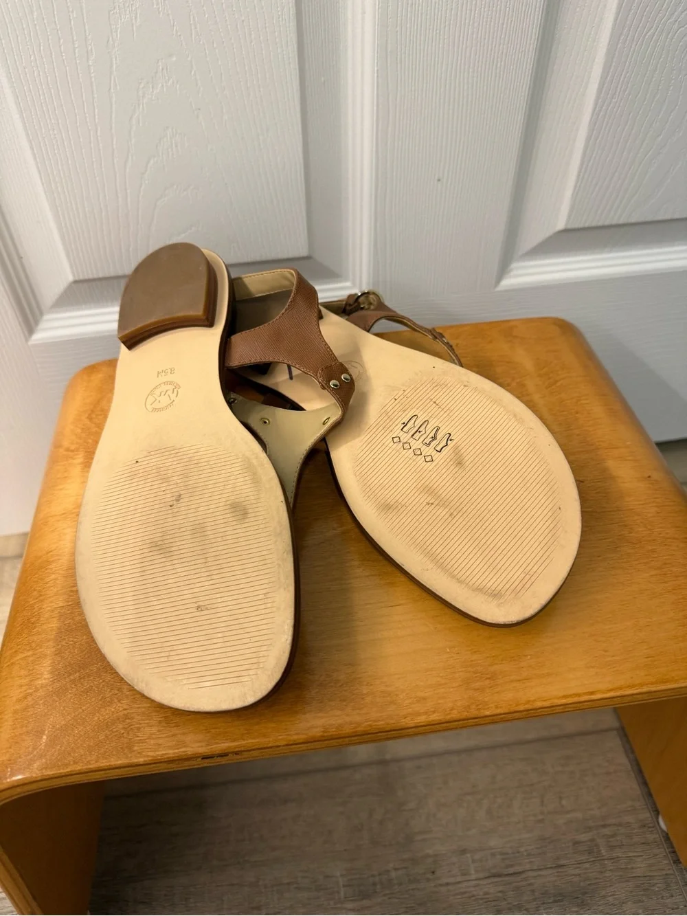 Michael Kors Brown Leather T-Strap Sandals with Gold Accents